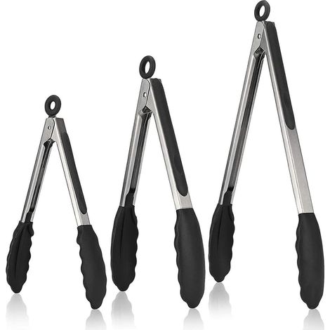 Pinces de cuisine en acier inoxydable, ensemble de 3 pièces, pour servir la viande, le poisson et les grillades, brochettes à salade, noires, compatibles lave-vaisselle (1/5)