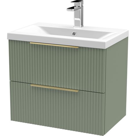 Fluted Front Wall Hung 2-Drawer Bathroom Vanity Unit with 1 Tap Hole Basin, 600mm, Satin Green, Brushed Brass Handles