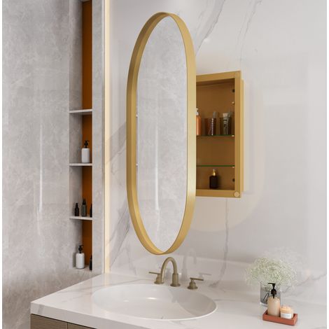 Mueble de baño espejo ovalado, marco metálico dorado, 85 x 51,5 x 12 cm, estantes ajustables HAVRYA (1/5)