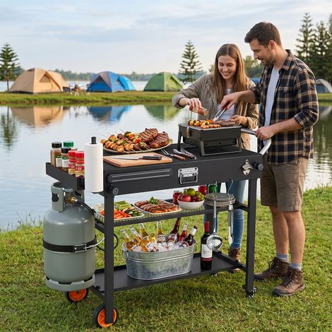 CASART Folding Grill Cart w/ Wheels 3-Tier Outdoor Cooking Table w/ Hooks (1/5)