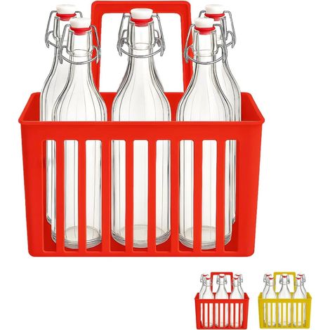 Set da 6 bottiglie in vetro da 1 litro con cestello rosso impilabile, dotate di tappo ermetico antigoccia - Perfette per conservare e trasportare beva (1/5)