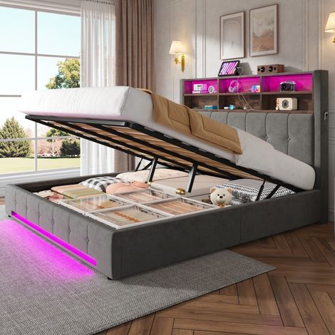 Lit coffre 180x200 cm en velours avec tête de lit 6 niches, poches latérales, LED, USB-C et coffre hydraulique anti-poussière-Gris (1/5)