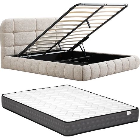 Letto contenitore 160 x 200 cm Tessuto bouclette Beige + Materasso - FORIOSY (1/5)