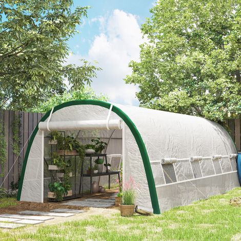 Serre de Jardin Tunnel 18 m² dim. 6L x 3l x 2H m - 8 fenêtres. Porte zippée Enroulable. Acier galvanisé. bâche PE. Blanc
