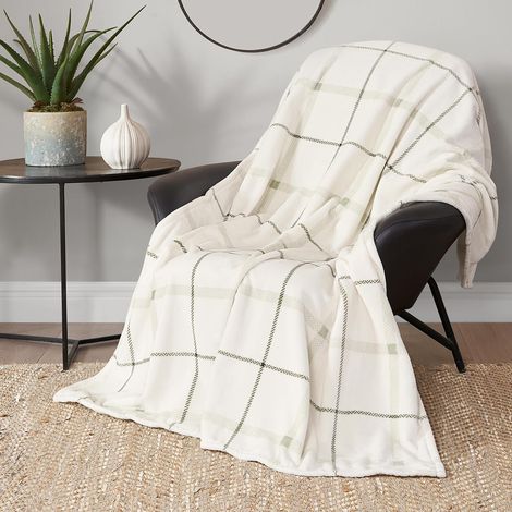 Blanc Palm Valley avec motif à carreaux vert sauge 130 x 150 cm Couverture en peluche confortable - Un plaid en microfibre haut de gamme luxueux et confortable (1/5)