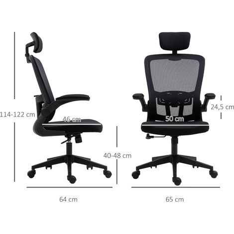 Vinsetto Mesh-Bürostuhl, Drehstuhl mit verstellbarer Höhe, klappbaren Armlehnen, verstellbarer Kopfstütze und Lendenwirbelstütze, 65 x 64 x 114–122 cm, Schwarz