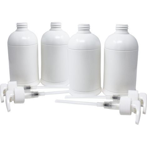 Lot de 4 bouteilles en PET blanches de 500 ml avec pompe doseuse de 1 ml, pour aliments et cosmétiques, tuyau de 150 mm et bouchon à vis de 28 mm, bouteilles vides à remplir (1/2)