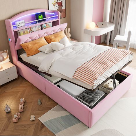 Bett Kinder Polsterbett 90x200 cm aus Samt in Rosa mit LED-Kopfteil, USB und Stauraum, Metall-Lattenrost (1/5)