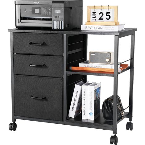 Armoire de Bureau avec 3 Tiroirs en Tissu et 2 Étagères Ouvertes, Meuble Classeur Métallique Mobile, Caisson de Bureau pour Format Lettre, A4 et Dossiers, Rangement Classement Maison, Noir (1/5)