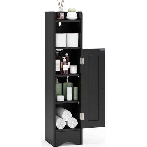 Meuble de Salle de Bain, Armoire d’Angle avec Porte & Étagères Réglables, Meuble de Rangement pour Papier Toilette, 18 x 19,5 x 80 cm (Noir) (1/5)