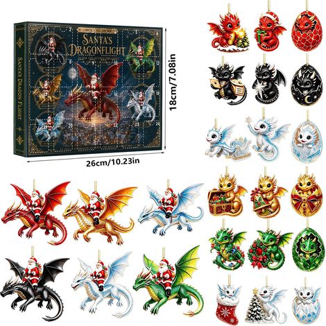 Calendrier de l'Avent Dragon 2026, 24 décorations suspendues en acrylique 2D avec motifs de dragon et de Père Noël, ornements uniques pour le sapin de Noël. (1/5)