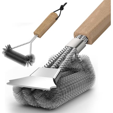 Lot de 2 Brosse Barbecue Manche Bois Grattoir Acier Inoxydable Poils Denses Triangulaire Gaz Charbon (1/5)