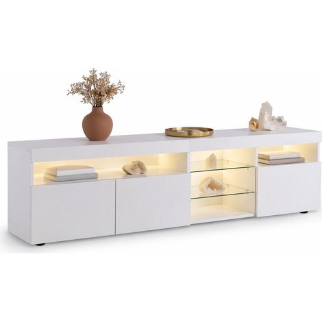 Meuble TV moderne blanc 180 cm avec LED variable, façades brillantes, portes vitrées et grand rangement pour salon et salle à manger CHICFURN (1/5)
