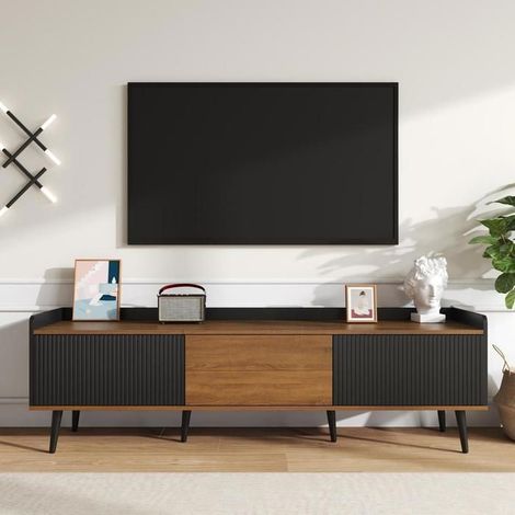 Meuble TV - KOMHTOM - Meuble TV 160 cm - 3 portes - Noir et naturel - Design contemporain (1/5)