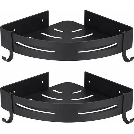 Étagère de douche d'angle noire sans perçage – Aluminium antirouille – 38,5cm x 20,5cm x 3,5cm – Lot de 2 avec crochets