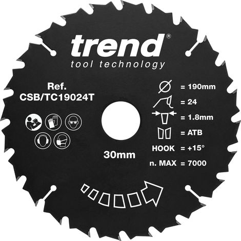 Lame de scie circulaire sans fil 190 mm, alésage 30 mm, 24 dents TCT