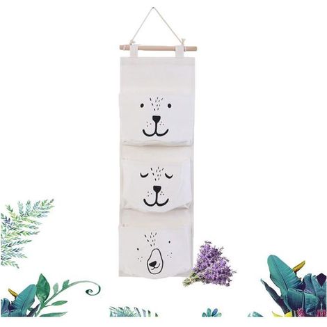 Sac de rangement suspendu, trois poches pour grande capacité, sac de rangement suspendu en tissu, rangement de chambre (blanc). (1/3)