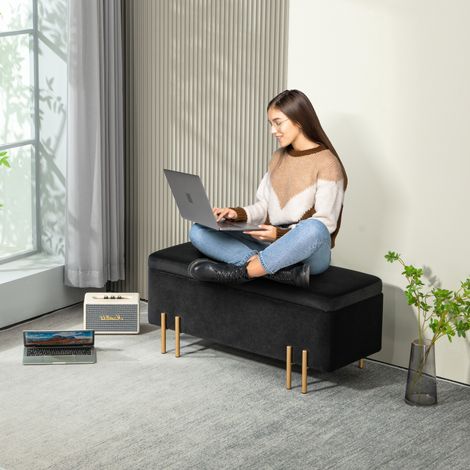 Panca imbottita con contenitore, metallo, legno di caucciù, schiuma, 100 x 40 x 42 cm, nero