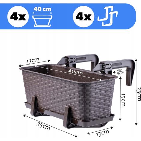 KADAX Balkontopf mit Untersatz und Griffen, 40 cm, Braun, 4 Stück