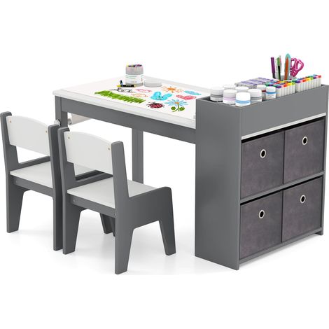 COSTWAY Kids Art Table&Chairs Set Wooden Kids Craft Study Desk w/Storage-Grey (1/5)