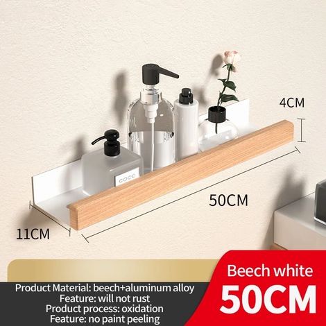Étagère d'angle en bois et aluminium (blanche, 50 cm) pour ranger le shampoing, le sèche-cheveux et organiser la salle de bain. Accessoires de salle de bain. (1/5)