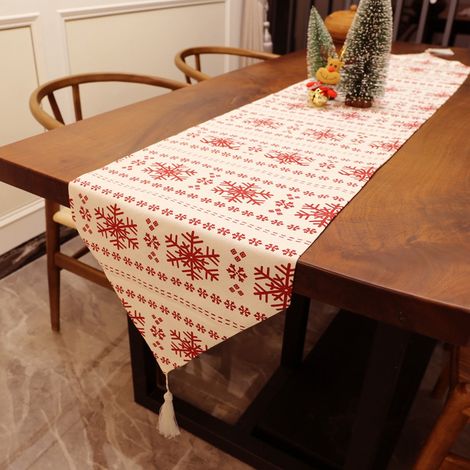 Drapeau De Table De Noël - Motif Flocon De Neige - Toile - Rouge - 250 X 35 Cm - 1 Pièce