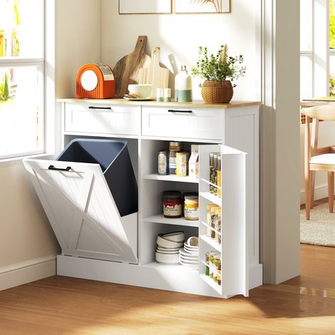 Buffet cuisine avec meuble poubelle 38l étagère à épices et plan de travail blanc meuble cuisine rangement 2 tiroirs finition de qualité