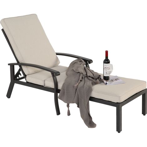 Chaise longue de jardin beige avec coussin en tissu, dossier réglable 5 positions, structure en aluminium résistant, idéale piscine et terrasse  CHICFURN (1/5)