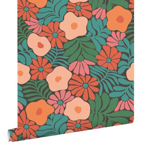 papier peint fleurs dans le style Matisse vert foncé, orange et bleu  - ESTAhome (1/5)