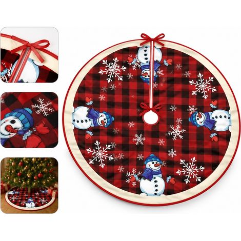Jupe de Sapin Velours Carreaux Rouge et Noir Motif Bonhomme de Neige 90 cm de Diametre (1/5)