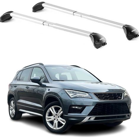 OMAC Barres de toit transversales certifiées TÜV pour Seat Ateca 2016-2026 – Verrouillables (4 antivols) – Charge max 100 kg – Sangle inox + protection caoutchouc Argent (1/5)