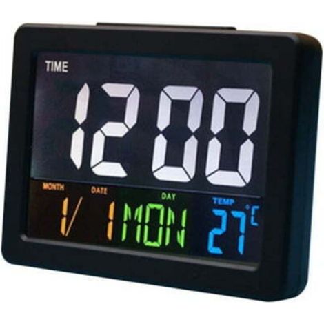 Horloge de jour – Horloge numérique extra large pour malvoyants, alimenté par batterie, réveil numérique LED avec rétroéclairage automatique, jour de la semaine, calendrier et température, horloge num (1/4)