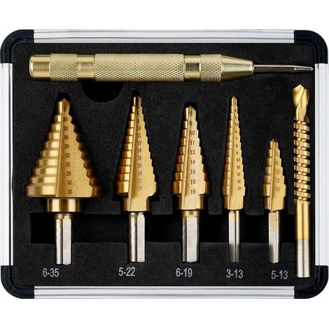 5PCS Foret Étagé (5-13mm, 3-13mm, 6-19mm, 5-22mm, 6-35mm), 1 Poinçon Central Automatique + 1 Foret Hélicoïdal, Foret de Coupe Conique à Double Fente Revêtu de Titane Hss avec Étui (1/5)