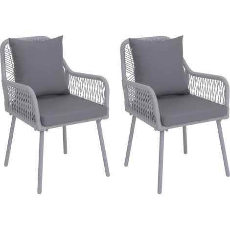 [NEUWERTIG] 2er-Set Gartenstuhl HHG-475, Outdoor Sitz-/Rückenpolster Aluminium Seilgeflecht Rope hellgrau, Bezug hellgrau