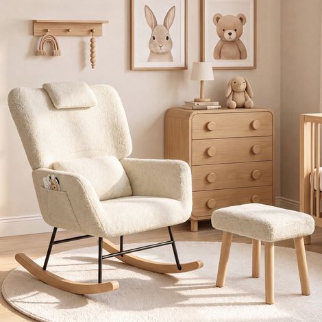 Fauteuil à Bascule en Tissu Bouclette Beige avec Repose-Pieds - Rocking Chair Fauteuil d'allaitement, Relaxation - Scandinave (1/5)