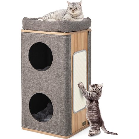 Cueva para gatos de 3 niveles con rascador y 3 esteras barril de juego para gatos de hasta 20 kg gris natural (1/5)