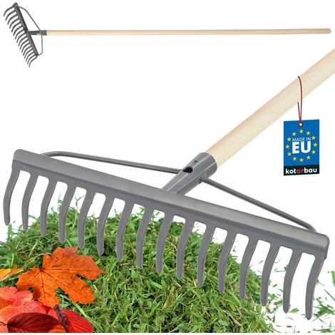KOTARBAU® Rateau à Feuille - Métal - 41 cm - Râteau Jardin - 16 Dents - avec Manche en Bois - Outil Robuste Pour Entretien Gazon Jardinage - Gris & Naturel (1/5)