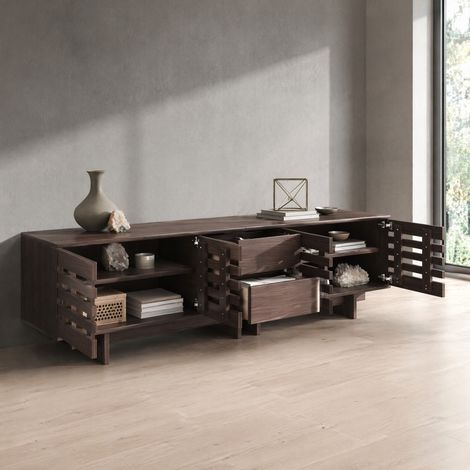 MEUBLIV Meuble TV 200 cm Walnut – 2 tiroirs, 4 portes, rangement intégré (1/5)