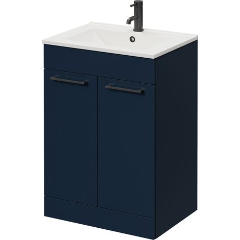 Napoli 460 Deep Blue 600mm 2 Door Vanity Unit with Angel Basin - 600mm - Matt Black 160mm Handle