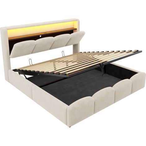 Polster-Doppelbett 140x200 cm Beige Samt mit LED, USB und Stauraum (1/5)
