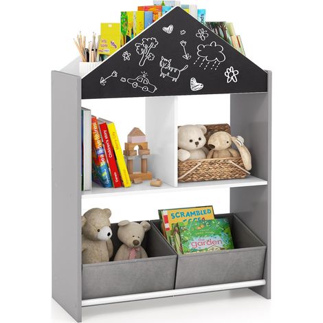 COSTWAY Bibliothèque Enfant avec Tableau Noir & Blanc, Étagère à Livres Enfants avec 2 Tiroirs en Tissu, Kit Anti-basculement, Étagère à Jouets pour Salle de Jeux Chambre d’Enfant (Gris) (1/5)