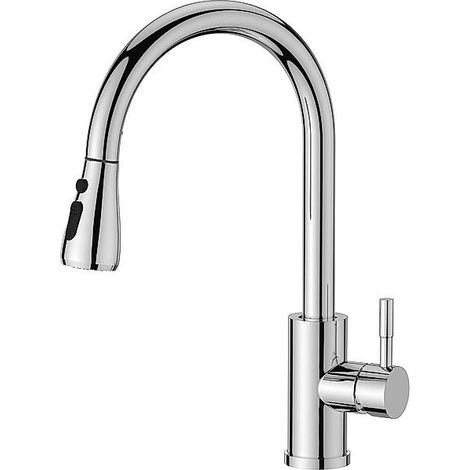 Mitigeur de cuisine en inox avec douchette extractible, bec haut orientable et poignée unique