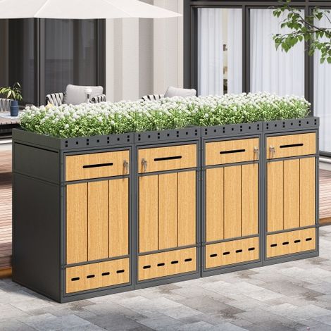 Cache-poubelle quadruple 4x240L XXL avec jardinières - acier laminé à froid et bois - portes verrouillables - gris anthracite