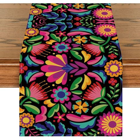 Tischdecke mit mexikanischem Blumenmuster – Saisonale Dekoration für Küche, Innenbereich, Feiertage und Partys – 33 x 183 cm (1/4)