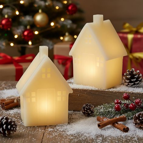 LED Motiv Wachskerze Haus in creme 11 cm mit Timer - 2er Set - Weihnachts Dekokerze warm weiß beleuchtet batteriebetrieben