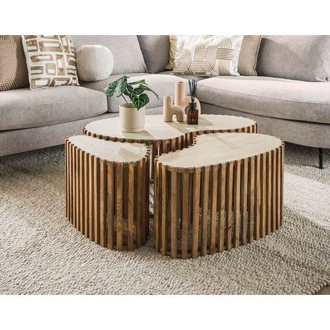 Jade - lot de 3 tables basses gigognes effet travertin - pieds en bois massif de manguier - 90, 70 et 50 cm