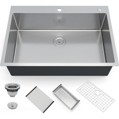 Évier de cuisine grand capacité - Acier inoxydable 304 brossé 16G - Vasque simple profonde 10" - Installation encastrable - Accessoires inclus : panier de vidange, grille inférieure, égouttoir enroula (1/5)