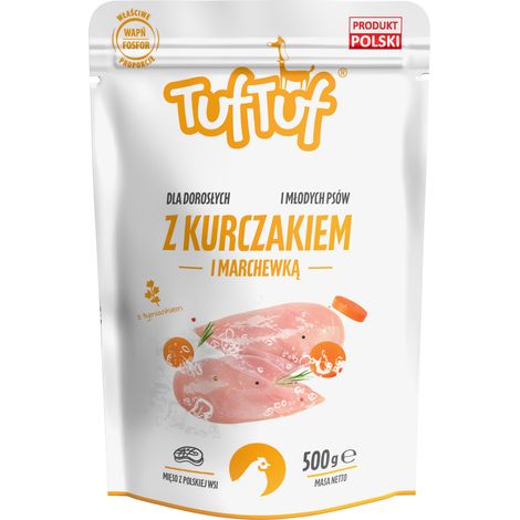 Comida húmeda para perros TufTuf, pollo con zanahorias, bolsa de 500 g, carne en conserva.