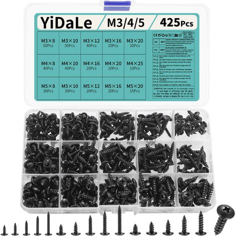 425 Pcs Vis Autotaraudeuses pour Métal, M3 M4 M5 Vis à Tête Bombée Cruciforme, Assortiment de Vis Noire Tete Ronde pour Bois, Plastique et Métal (1/5)