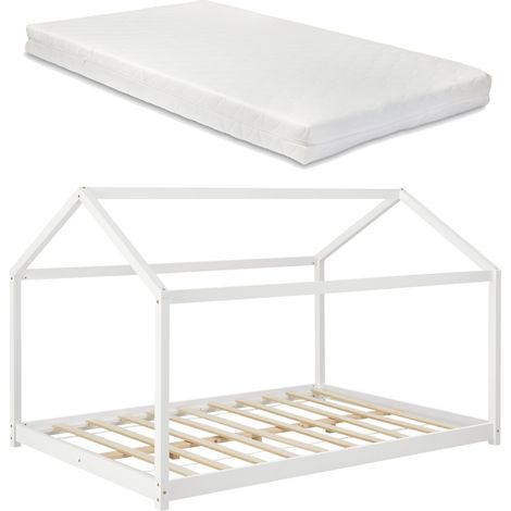 Cama infantil casita con somier de láminas de madera de pino blanco, colchón 140 x 200 cm 030005510